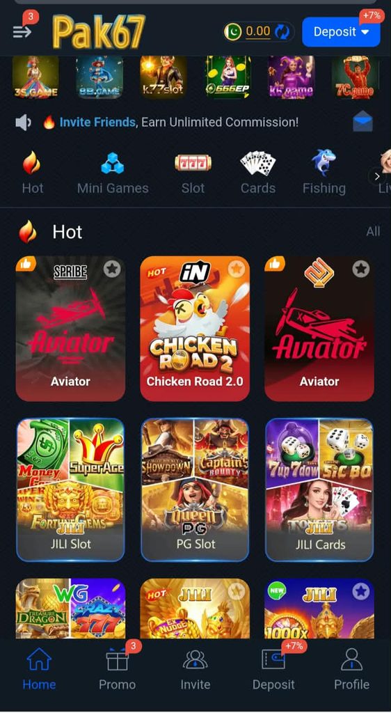 Pak67 Game mobile platform with easy navigation and interactive casino-style gaming features.