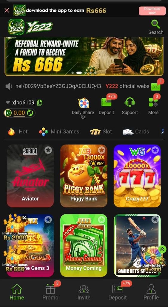 Y222 Game online platform featuring mobile casino-style games, slots, live casino, and card games.